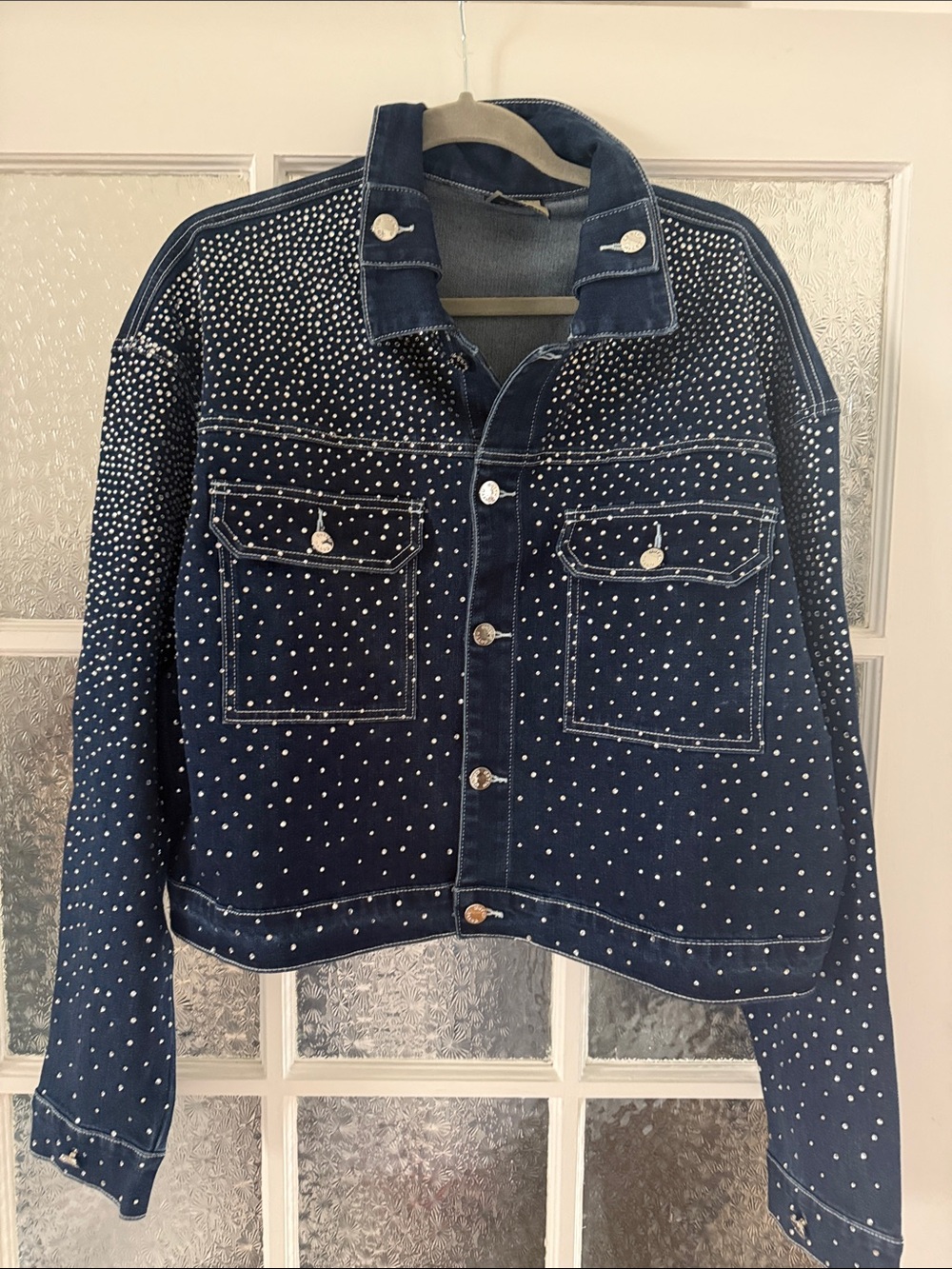 Sparkly. Embellished Dark Blue Denim Jacket - Studded sequins rhinestones